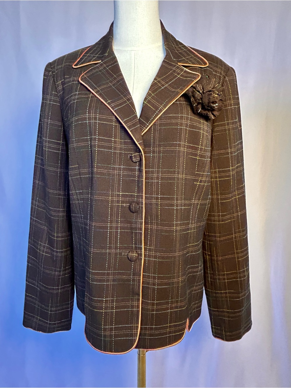 Chocolate Brown Plaid Scalloped Trimmed Sag Harbor Blazer Size 12 Y2K Preppy